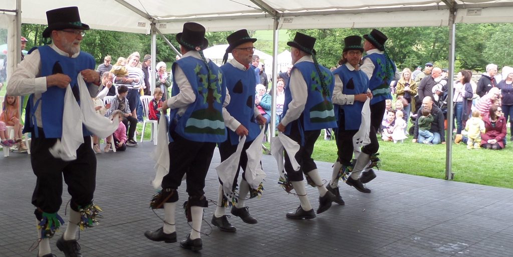 Morris dancers dance in a line. They wear blue tabards.